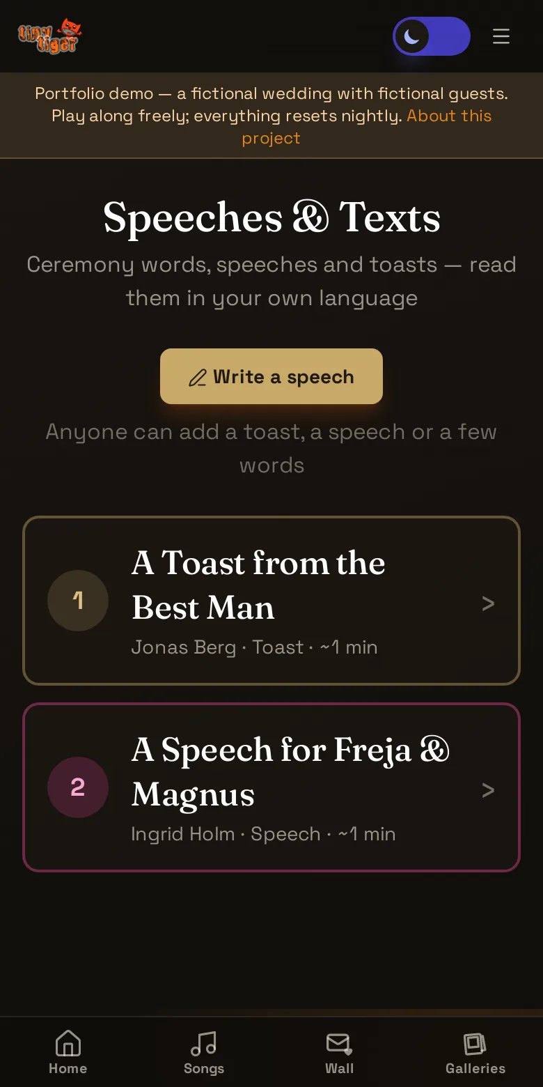 Speeches & toasts — screen from the live app